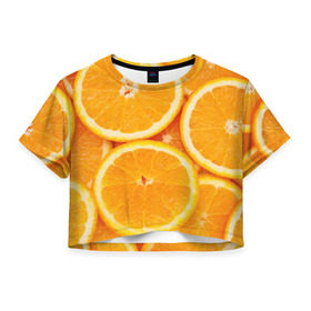 Женская футболка 3D укороченная с принтом Апельсинчик в Екатеринбурге, 100% полиэстер | круглая горловина, длина футболки до линии талии, рукава с отворотами | orange | апельсин | фрукты