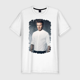 Мужская футболка премиум с принтом David Beckham в Екатеринбурге, 92% хлопок, 8% лайкра | приталенный силуэт, круглый вырез ворота, длина до линии бедра, короткий рукав | david beckham | англия | дэвид бекхэм | лига чемпионов | мадрид | мю | реал | футбол