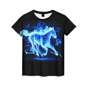 Женская футболка 3D с принтом Ледяной конь в Екатеринбурге, 100% полиэфир ( синтетическое хлопкоподобное полотно) | прямой крой, круглый вырез горловины, длина до линии бедер | арт | лёд | лошадь | огонь | пламя