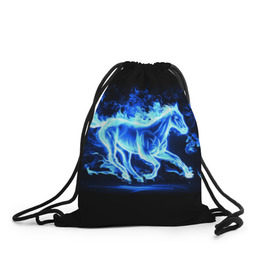 Рюкзак-мешок 3D с принтом Ледяной конь в Екатеринбурге, 100% полиэстер | плотность ткани — 200 г/м2, размер — 35 х 45 см; лямки — толстые шнурки, застежка на шнуровке, без карманов и подкладки | Тематика изображения на принте: арт | лёд | лошадь | огонь | пламя