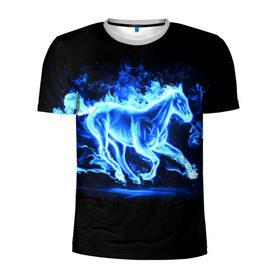 Мужская футболка 3D спортивная с принтом Ледяной конь в Екатеринбурге, 100% полиэстер с улучшенными характеристиками | приталенный силуэт, круглая горловина, широкие плечи, сужается к линии бедра | арт | лёд | лошадь | огонь | пламя