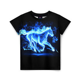 Детская футболка 3D с принтом Ледяной конь в Екатеринбурге, 100% гипоаллергенный полиэфир | прямой крой, круглый вырез горловины, длина до линии бедер, чуть спущенное плечо, ткань немного тянется | Тематика изображения на принте: арт | лёд | лошадь | огонь | пламя