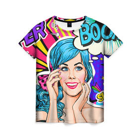 Женская футболка 3D с принтом Pop art в Екатеринбурге, 100% полиэфир ( синтетическое хлопкоподобное полотно) | прямой крой, круглый вырез горловины, длина до линии бедер | bang | boom | omg | pop art | super | wow | wtf | арт | поп | ретро | уорхол | энди