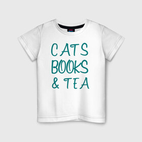 Детская футболка хлопок с принтом CATS, BOOKS & TEA в Екатеринбурге, 100% хлопок | круглый вырез горловины, полуприлегающий силуэт, длина до линии бедер | Тематика изображения на принте: books  tea книги коты кисы чай кофе | cats