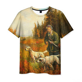 Мужская футболка 3D с принтом Охота в Екатеринбурге, 100% полиэфир | прямой крой, круглый вырез горловины, длина до линии бедер | Тематика изображения на принте: hunting | камуфляж | охота | охотник | собака | туризм