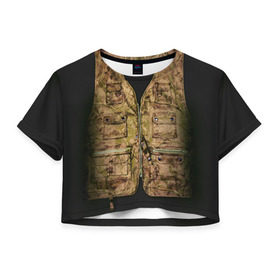 Женская футболка 3D укороченная с принтом Жилетка охотника в Екатеринбурге, 100% полиэстер | круглая горловина, длина футболки до линии талии, рукава с отворотами | hunting | жилет | камуфляж | охота | охотник | туризм