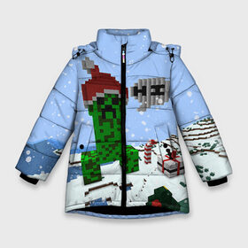 Зимняя куртка для девочек 3D с принтом Minecraft в Екатеринбурге, ткань верха — 100% полиэстер; подклад — 100% полиэстер, утеплитель — 100% полиэстер. | длина ниже бедра, удлиненная спинка, воротник стойка и отстегивающийся капюшон. Есть боковые карманы с листочкой на кнопках, утяжки по низу изделия и внутренний карман на молнии. 

Предусмотрены светоотражающий принт на спинке, радужный светоотражающий элемент на пуллере молнии и на резинке для утяжки. | creeper | крипер | майнкрафт | новогодний