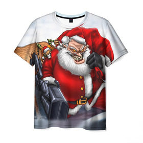 Мужская футболка 3D с принтом Дед мороз рокер в Екатеринбурге, 100% полиэфир | прямой крой, круглый вырез горловины, длина до линии бедер | heavy metal | rock | santa claus | дед мороз | рок | с новым годом | санта | санта клаус