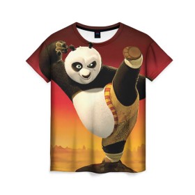 Женская футболка 3D с принтом Кунг фу панда в Екатеринбурге, 100% полиэфир ( синтетическое хлопкоподобное полотно) | прямой крой, круглый вырез горловины, длина до линии бедер | Тематика изображения на принте: kung fu | kung fu panda | panda | кунг фу | кунг фу панда | кунгфу | панда. кунг фу | по