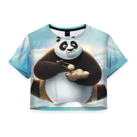 Женская футболка 3D укороченная с принтом Кунг фу панда в Екатеринбурге, 100% полиэстер | круглая горловина, длина футболки до линии талии, рукава с отворотами | Тематика изображения на принте: панда