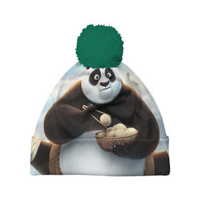 Шапка 3D c помпоном с принтом Кунг фу панда в Екатеринбурге, 100% полиэстер | универсальный размер, печать по всей поверхности изделия | панда