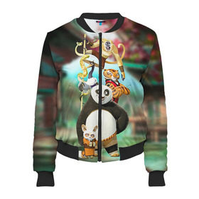 Женский бомбер 3D с принтом Кунг фу панда в Екатеринбурге, 100% полиэстер | застегивается на молнию, по бокам два кармана без застежек, мягкие манжеты, по низу бомбера и на воротнике — эластичная резинка | kung fu | kung fu panda | panda | кунг фу | кунг фу панда | кунгфу | панда. кунг фу | по