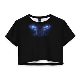 Женская футболка 3D укороченная с принтом Кошка с голубыми глазами в Екатеринбурге, 100% полиэстер | круглая горловина, длина футболки до линии талии, рукава с отворотами | глаза | кот | синий