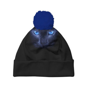 Шапка 3D c помпоном с принтом Кошка с голубыми глазами в Екатеринбурге, 100% полиэстер | универсальный размер, печать по всей поверхности изделия | глаза | кот | синий