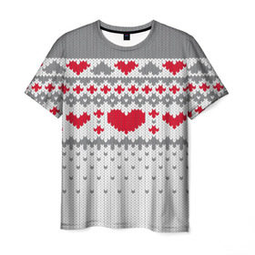 Мужская футболка 3D с принтом Сердечки в Екатеринбурге, 100% полиэфир | прямой крой, круглый вырез горловины, длина до линии бедер | Тематика изображения на принте: вязанье | любовь | свитр | сердечки
