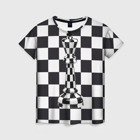 Женская футболка 3D с принтом Ферзь в Екатеринбурге, 100% полиэфир ( синтетическое хлопкоподобное полотно) | прямой крой, круглый вырез горловины, длина до линии бедер | клетки | ферзь | шахматная доска | шахматы