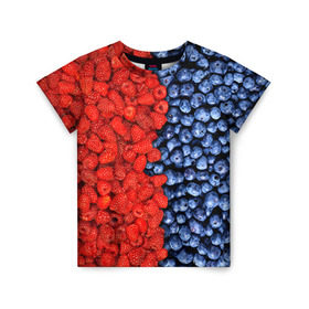 Детская футболка 3D с принтом Ягодка в Екатеринбурге, 100% гипоаллергенный полиэфир | прямой крой, круглый вырез горловины, длина до линии бедер, чуть спущенное плечо, ткань немного тянется | клубника | малина | черника | ягода | ягодка | ягодный