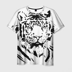 Мужская футболка 3D с принтом Тигр в Екатеринбурге, 100% полиэфир | прямой крой, круглый вырез горловины, длина до линии бедер | Тематика изображения на принте: взгляд | тигр | трафарет | хищник