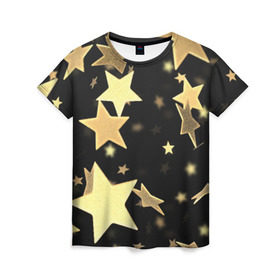 Женская футболка 3D с принтом Золотые звезды в Екатеринбурге, 100% полиэфир ( синтетическое хлопкоподобное полотно) | прямой крой, круглый вырез горловины, длина до линии бедер | золотые звезды | орнамент | праздник