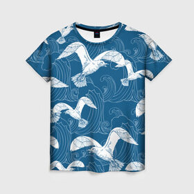 Женская футболка 3D с принтом Чайки в Екатеринбурге, 100% полиэфир ( синтетическое хлопкоподобное полотно) | прямой крой, круглый вырез горловины, длина до линии бедер | небо | полет | птицы | чайки