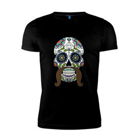 Мужская футболка премиум с принтом Мексиканский череп для него в Екатеринбурге, 92% хлопок, 8% лайкра | приталенный силуэт, круглый вырез ворота, длина до линии бедра, короткий рукав | Тематика изображения на принте: мексиканский череп  calavera для негомексика | мексиканский череп calavera | череп