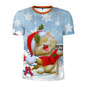 Мужская футболка 3D спортивная с принтом Новогодний котёнок в Екатеринбурге, 100% полиэстер с улучшенными характеристиками | приталенный силуэт, круглая горловина, широкие плечи, сужается к линии бедра | 2016 | christmas | ёлка | котёнок | новый год