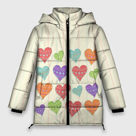 Женская зимняя куртка 3D с принтом Сердечки в Екатеринбурге, верх — 100% полиэстер; подкладка — 100% полиэстер; утеплитель — 100% полиэстер | длина ниже бедра, силуэт Оверсайз. Есть воротник-стойка, отстегивающийся капюшон и ветрозащитная планка. 

Боковые карманы с листочкой на кнопках и внутренний карман на молнии | любовь | сердце | счастье | тепло | узор