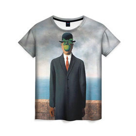 Женская футболка 3D с принтом Сын человеческий в Екатеринбурге, 100% полиэфир ( синтетическое хлопкоподобное полотно) | прямой крой, круглый вырез горловины, длина до линии бедер | art | искусство | рене | рене магритт | сын человеческий