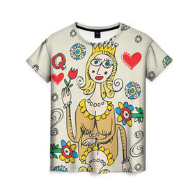 Женская футболка 3D с принтом Червовая дама в Екатеринбурге, 100% полиэфир ( синтетическое хлопкоподобное полотно) | прямой крой, круглый вырез горловины, длина до линии бедер | 14 февраля | love | влюбленные | карты | королева | король | лав | любовь | пара | парные | подарок