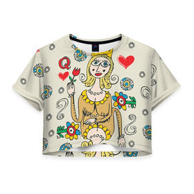 Женская футболка 3D укороченная с принтом Червовая дама в Екатеринбурге, 100% полиэстер | круглая горловина, длина футболки до линии талии, рукава с отворотами | 14 февраля | love | влюбленные | карты | королева | король | лав | любовь | пара | парные | подарок