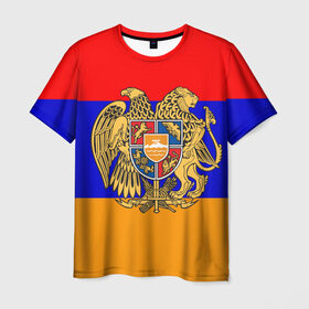 Мужская футболка 3D с принтом Герб и флаг Армении в Екатеринбурге, 100% полиэфир | прямой крой, круглый вырез горловины, длина до линии бедер | Тематика изображения на принте: armenia | армения | герб | флаг