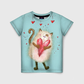 Детская футболка 3D с принтом Котик в Екатеринбурге, 100% гипоаллергенный полиэфир | прямой крой, круглый вырез горловины, длина до линии бедер, чуть спущенное плечо, ткань немного тянется | Тематика изображения на принте: 14 февраля | bear | love | teddy | валентин | влюбленный | киска | кот | котик | любовь | милый | рисунок | сердечко | сердце