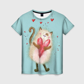 Женская футболка 3D с принтом Котик в Екатеринбурге, 100% полиэфир ( синтетическое хлопкоподобное полотно) | прямой крой, круглый вырез горловины, длина до линии бедер | 14 февраля | bear | love | teddy | валентин | влюбленный | киска | кот | котик | любовь | милый | рисунок | сердечко | сердце