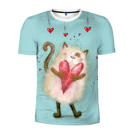 Мужская футболка 3D спортивная с принтом Котик в Екатеринбурге, 100% полиэстер с улучшенными характеристиками | приталенный силуэт, круглая горловина, широкие плечи, сужается к линии бедра | 14 февраля | bear | love | teddy | валентин | влюбленный | киска | кот | котик | любовь | милый | рисунок | сердечко | сердце