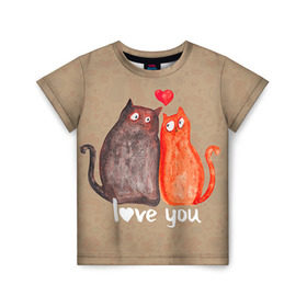 Детская футболка 3D с принтом Влюбленные котики в Екатеринбурге, 100% гипоаллергенный полиэфир | прямой крой, круглый вырез горловины, длина до линии бедер, чуть спущенное плечо, ткань немного тянется | Тематика изображения на принте: 14 февраля | bear | love | teddy | валентин | влюбленный | киска | кот | котик | любовь | милый | рисунок | сердечко | сердце