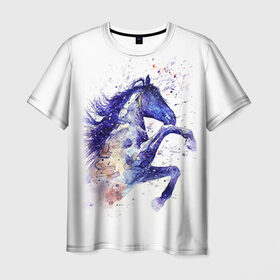 Мужская футболка 3D с принтом Лошадь. Арт 4 в Екатеринбурге, 100% полиэфир | прямой крой, круглый вырез горловины, длина до линии бедер | horse | horseshoe | акварель | головалошади | грива | единорог | жеребец | животные | конь | лошадь | лошадьскрыльями | подкова | природа | рисуноккрасками