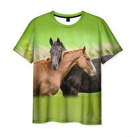 Мужская футболка 3D с принтом Лошади 2 в Екатеринбурге, 100% полиэфир | прямой крой, круглый вырез горловины, длина до линии бедер | horse | horseshoe | акварель | головалошади | грива | единорог | жеребец | животные | конь | лошадь | лошадьскрыльями | подкова | природа | рисуноккрасками