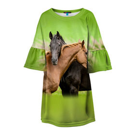 Детское платье 3D с принтом Лошади 2 в Екатеринбурге, 100% полиэстер | прямой силуэт, чуть расширенный к низу. Круглая горловина, на рукавах — воланы | horse | horseshoe | акварель | головалошади | грива | единорог | жеребец | животные | конь | лошадь | лошадьскрыльями | подкова | природа | рисуноккрасками