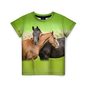 Детская футболка 3D с принтом Лошади 2 в Екатеринбурге, 100% гипоаллергенный полиэфир | прямой крой, круглый вырез горловины, длина до линии бедер, чуть спущенное плечо, ткань немного тянется | horse | horseshoe | акварель | головалошади | грива | единорог | жеребец | животные | конь | лошадь | лошадьскрыльями | подкова | природа | рисуноккрасками