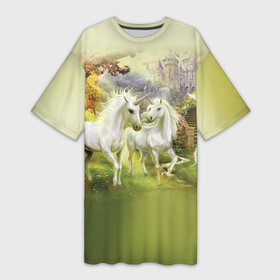 Платье-футболка 3D с принтом Единороги в Екатеринбурге,  |  | horse | horseshoe | акварель | головалошади | грива | единорог | жеребец | животные | конь | лошадь | лошадьскрыльями | подкова | природа | рисуноккрасками