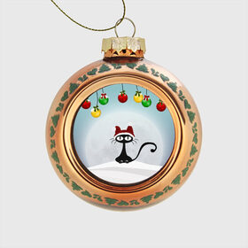 Стеклянный ёлочный шар с принтом Кошка с шапкой в Екатеринбурге, Стекло | Диаметр: 80 мм | Тематика изображения на принте: black | cat | toy | елочный шар | кот | кошка | черный | шар
