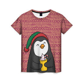 Женская футболка 3D с принтом Пингвиня в Екатеринбурге, 100% полиэфир ( синтетическое хлопкоподобное полотно) | прямой крой, круглый вырез горловины, длина до линии бедер | пингвин
