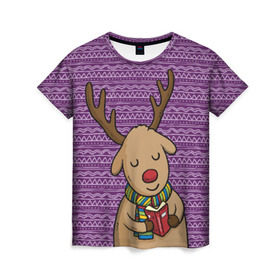 Женская футболка 3D с принтом Счастливый олень в Екатеринбурге, 100% полиэфир ( синтетическое хлопкоподобное полотно) | прямой крой, круглый вырез горловины, длина до линии бедер | зима | новый год | олень | подарки
