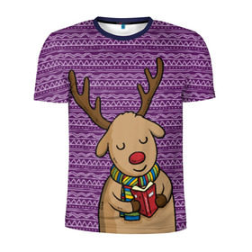 Мужская футболка 3D спортивная с принтом Счастливый олень в Екатеринбурге, 100% полиэстер с улучшенными характеристиками | приталенный силуэт, круглая горловина, широкие плечи, сужается к линии бедра | зима | новый год | олень | подарки