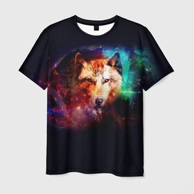 Мужская футболка 3D с принтом Космический волк в Екатеринбурге, 100% полиэфир | прямой крой, круглый вырез горловины, длина до линии бедер | звезды | космический волк | креатив | хищник