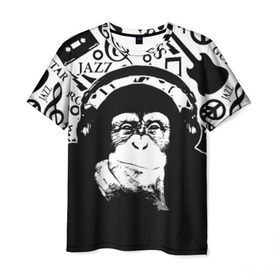 Мужская футболка 3D с принтом Шимпанзе в наушниках в Екатеринбурге, 100% полиэфир | прямой крой, круглый вырез горловины, длина до линии бедер | джаз | музыка | обезьяна | рок | шимпанзе в наущниках