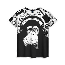 Женская футболка 3D с принтом Шимпанзе в наушниках в Екатеринбурге, 100% полиэфир ( синтетическое хлопкоподобное полотно) | прямой крой, круглый вырез горловины, длина до линии бедер | джаз | музыка | обезьяна | рок | шимпанзе в наущниках
