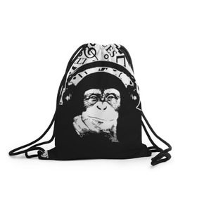 Рюкзак-мешок 3D с принтом Шимпанзе в наушниках в Екатеринбурге, 100% полиэстер | плотность ткани — 200 г/м2, размер — 35 х 45 см; лямки — толстые шнурки, застежка на шнуровке, без карманов и подкладки | Тематика изображения на принте: джаз | музыка | обезьяна | рок | шимпанзе в наущниках