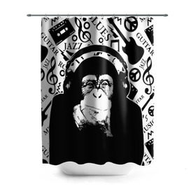 Штора 3D для ванной с принтом Шимпанзе в наушниках в Екатеринбурге, 100% полиэстер | плотность материала — 100 г/м2. Стандартный размер — 146 см х 180 см. По верхнему краю — пластиковые люверсы для креплений. В комплекте 10 пластиковых колец | джаз | музыка | обезьяна | рок | шимпанзе в наущниках