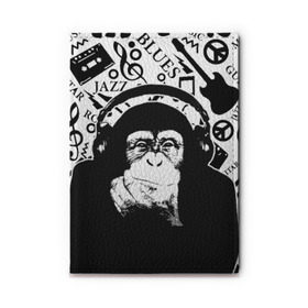 Обложка для автодокументов с принтом Шимпанзе в наушниках в Екатеринбурге, натуральная кожа |  размер 19,9*13 см; внутри 4 больших “конверта” для документов и один маленький отдел — туда идеально встанут права | джаз | музыка | обезьяна | рок | шимпанзе в наущниках